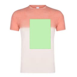 A T-shirt featuring a gradient design, transitioning from coral at the top to white at the bottom, with a green placeholder.