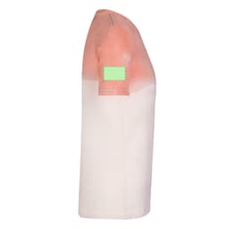 A side view of a Nimo adult T-shirt featuring a gradient design in peach and cream colours, with a logo on the sleeve.