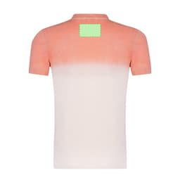 A T-shirt featuring a gradient colour design from coral to white, with a logo on the back.