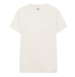 A plain cream adult T-shirt with a crew neck and short sleeves, featuring a small logo at the hem.
