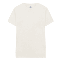 A plain off-white adult t-shirt featuring a round neck and short sleeves with a subtle brand logo.