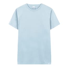 A light blue adult T-shirt with a round neckline and short sleeves, featuring a logo on the hem.