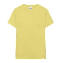 A yellow adult T-shirt featuring a logo at the hem, displayed against a plain background.