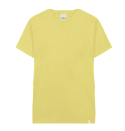 A plain yellow adult T-shirt featuring a tag at the neckline and a small logo at the hem.