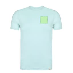 A light blue adult T-shirt featuring a square design area on the front and a logo on the hem.