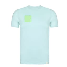 A light blue adult T-shirt featuring a placeholder for a logo or branding on the front.