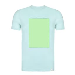 A light blue adult t-shirt featuring a blank green rectangular area at the centre and a small logo on the hem.
