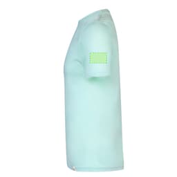 A mint green adult t-shirt with a logo on the sleeve, displayed from the side view.