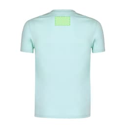 A light blue adult T-shirt with a blank patch on the back and a logo on the front.