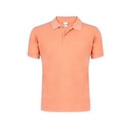 An orange polo shirt with a collar and short sleeves, featuring a logo on the chest.