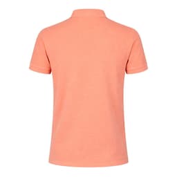 A peach-coloured polo shirt with a classic collar and short sleeves, featuring a logo on the back.