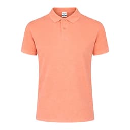 A coral polo shirt with a collar and short sleeves, featuring a logo on the chest area.