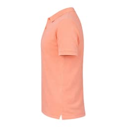 An orange polo shirt shown from the side, featuring a collar and short sleeves. It has a logo on the chest.