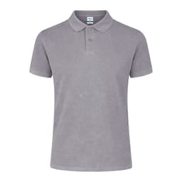 A grey polo shirt with a buttoned collar and short sleeves. It features a logo on the left side.
