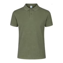 A polo shirt in olive green, featuring a collar, short sleeves, and a logo on the chest.