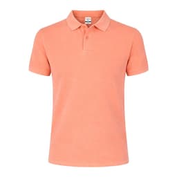 A coral polo shirt with a classic collar and short sleeves. It features a logo on the chest.