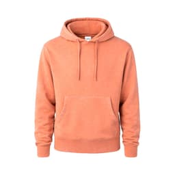 An orange hoodie with a front pocket and adjustable drawstrings on the hood, featuring a logo.