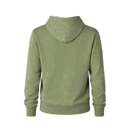 A green hoodie with a hood and long sleeves, featuring a simple design and no visible front.