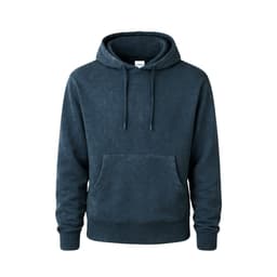 A navy hoodie featuring a front pocket and drawstring hood, with a simple design and a logo.