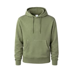 A green hoodie featuring a front pocket and a drawstring hood, with a small logo on the neckline.