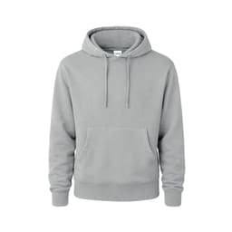 A grey hoodie featuring a front pocket and an adjustable drawstring hood. It has a logo on the label.