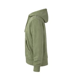 A green hoodie with a front pocket, featuring a hood and a sleek side profile. It has a logo on the chest.