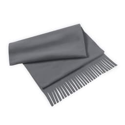 A grey Polar Scarf featuring a fringe design, showcasing a soft and warm fabric. It has a simple style and branding.