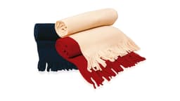 A Polar Scarf in navy blue, cream, and red, featuring fringed edges. The scarves are neatly rolled.
