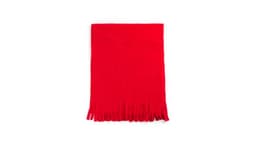 A red polar scarf with fringed edges, presenting a soft and warm texture. The item features a logo.