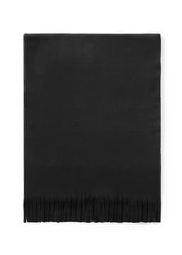 A black scarf with a fringed edge, featuring a smooth texture and a simple design.