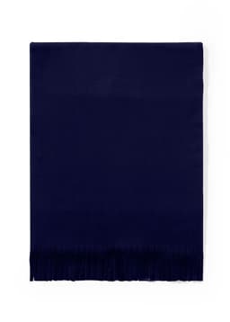 A navy blue scarf with fringed ends, presented flat. The design is simple and includes a logo.