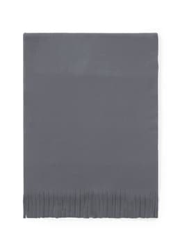 A grey scarf with fringe detailing, featuring a simple, smooth design and a logo.