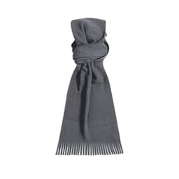 A grey scarf with a soft texture and fringed ends, featuring a logo. Perfect for adding style to outfits.