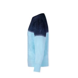 A light blue and dark blue tie-dye adult sweatshirt with a logo on the sleeve.