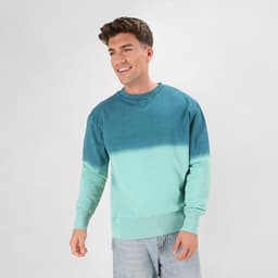 A teal and mint gradient hoodie with a relaxed fit, featuring a logo on the front.