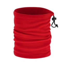 A red fleece scarf with a drawstring closure, featuring gathered fabric for a snug fit.
