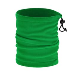 A green fleece neck warmer featuring a drawstring for adjustment and a smooth, stretchy texture.