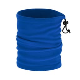 A blue fleece scarf with a drawstring for adjustable fit and a smooth, textured finish.