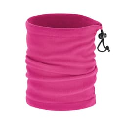 A pink fleece neck gaiter with a drawstring for adjustable fit. It has a soft, textured appearance.