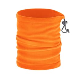 An orange fleece scarf featuring gathered fabric and an adjustable drawstring closure. It has a branding logo.