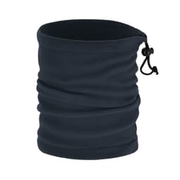 A navy blue neck scarf with a drawstring adjustment and a textured finish. It features a logo.