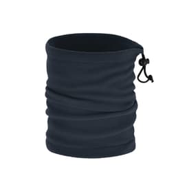 A navy blue neck warmer with a drawstring for adjustable fit, featuring a soft, textured fabric.
