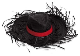 A black straw hat with fringe detailing and a red band. The hat features a wide brim for added style.