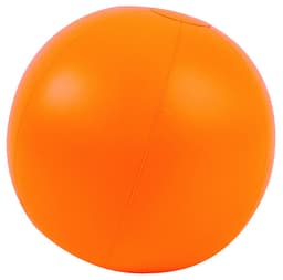 An orange beach ball with a smooth surface and a seam running along its side. It features a logo.