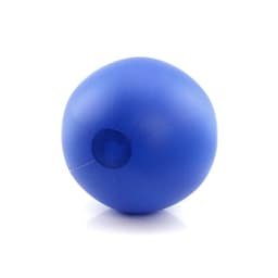 A blue beach ball with a smooth, round surface and a small hole for inflation.