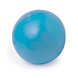 A bright blue inflatable beach ball with a smooth surface and a small valve at the top.