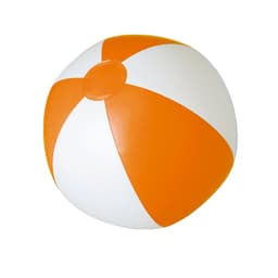 An orange and white beach ball with six panels and a valve. It features a logo on its surface.