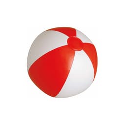 A beach ball featuring red and white panels, with a circular valve on top. It has a glossy finish and is perfect for outdoor fun.