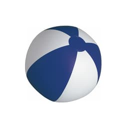 A beach ball featuring alternating blue and white panels, suitable for outdoor leisure activities. It has a logo.