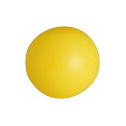 A yellow beach ball with a smooth surface and a hole for inflation, featuring a simple round shape.